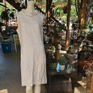Vintage HONEYCOMB Cream Linen Cotton Sleeveless Dress Button Yolk Size S
